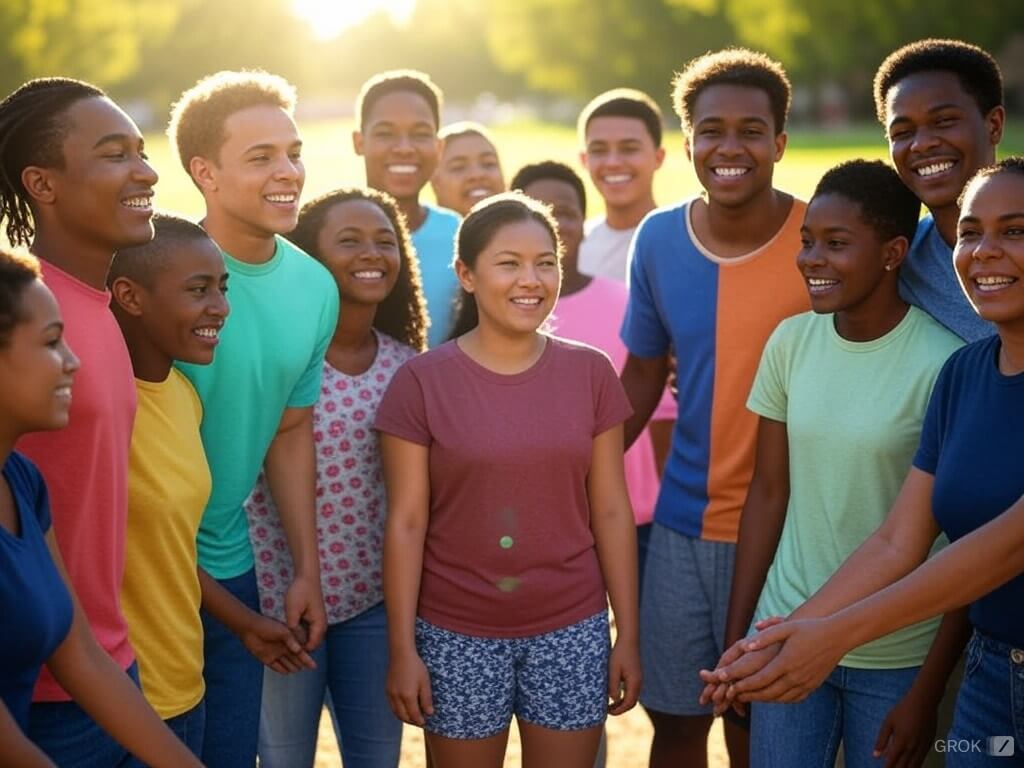 Grupo de personas formando un círculo en un espacio amplio, girando y sonriendo mientras participan en una dinámica grupal alegre y activa