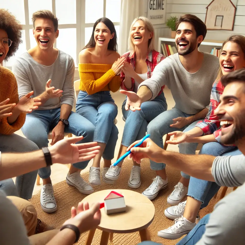 Grupo diverso de personas sentadas en círculo, pasando un objeto pequeño mientras ríen y gesticulan animadamente en un ambiente relajado y acogedor.