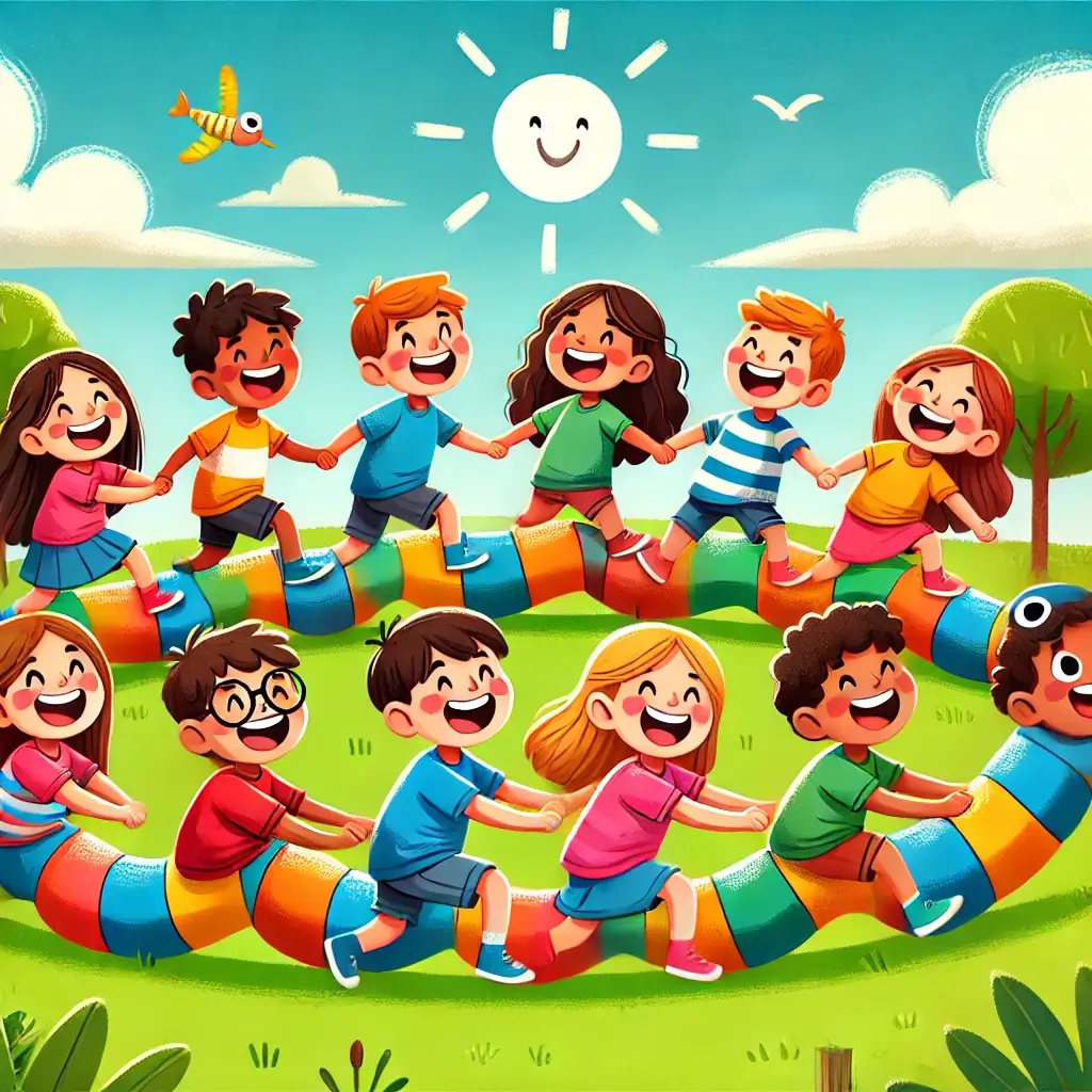 La Cuncuna Gigante' en un parque. Los niños forman una fila como una oruga, agarrándose de la cintura, riendo y disfrutando del juego