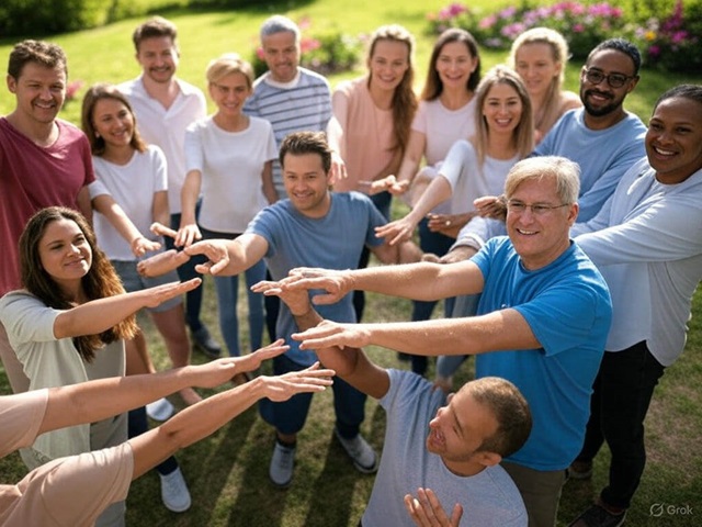 Un grupo de personas de diferentes edades formando un círculo en un parque