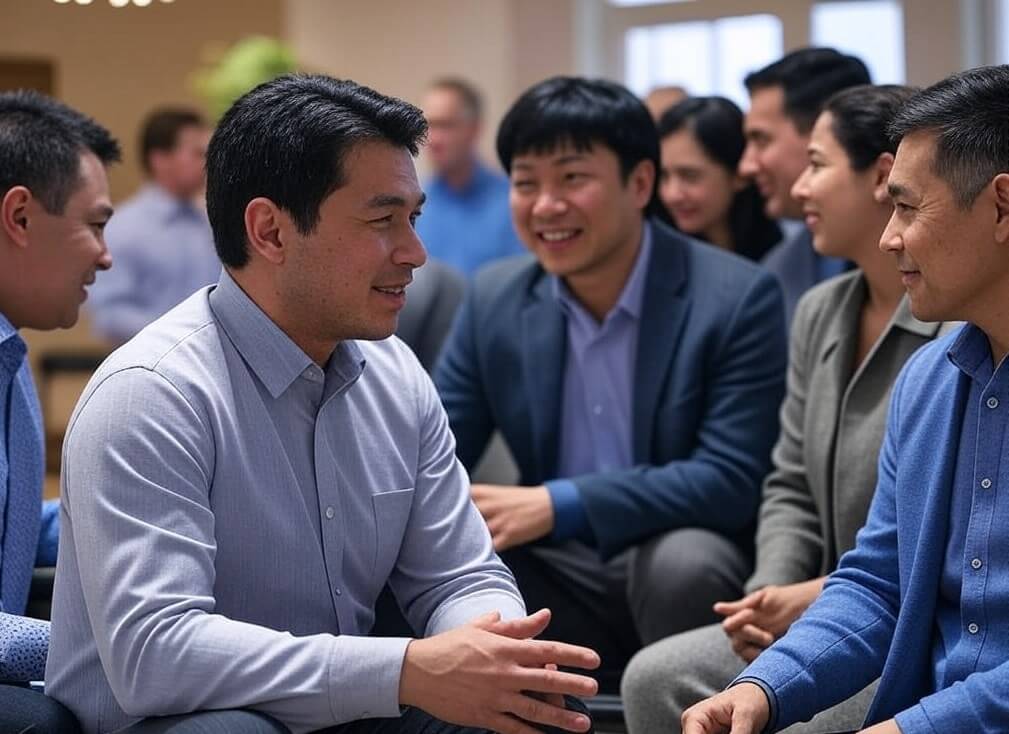 Un grupo de personas formando subgrupos pequeños en un salón amplio, compartiendo y reflexionando sobre lo que creen saber de sus compañeros.