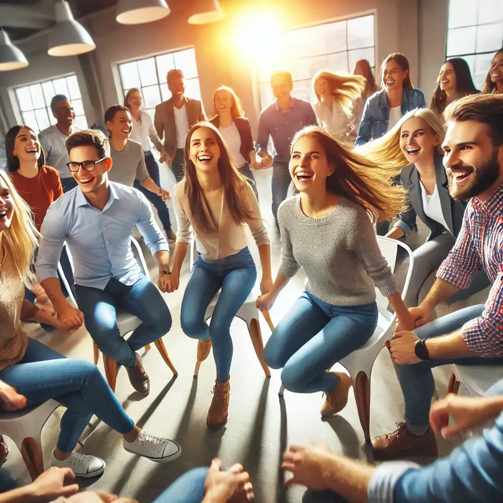 Un grupo de personas sentadas en círculo, moviéndose rápidamente entre sillas mientras ríen y participan activamente en un juego dinámico